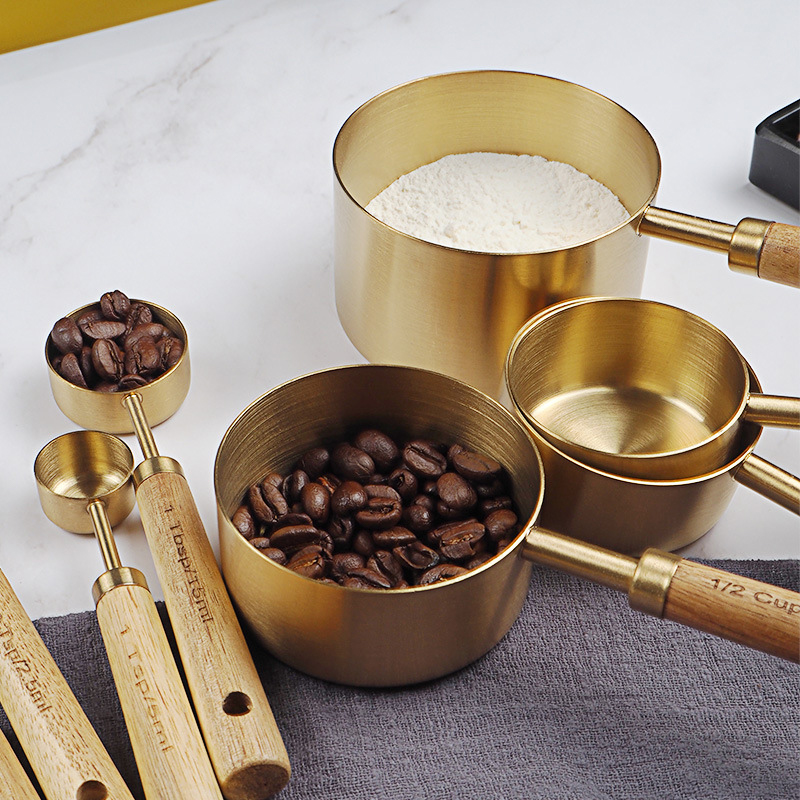 Kitchen Gadgets Gold - 4/8 Stuks Houten Gouden Maatbekers En
